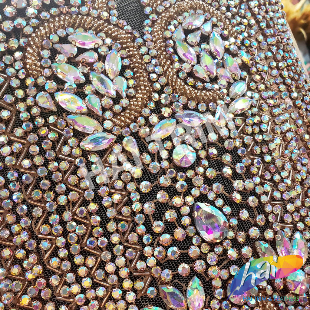 Fabric Sold By The Yard Beaded Multicolor RHINESTONES On Nude Mesh