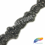 SALE! 1" Black Diamond Flower Beaded Rhinestone Trim by the piece (35 inches), BRT-052