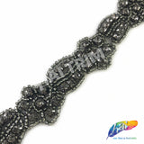 SALE! 1" Black Diamond Flower Beaded Rhinestone Trim by the piece (35 inches), BRT-052