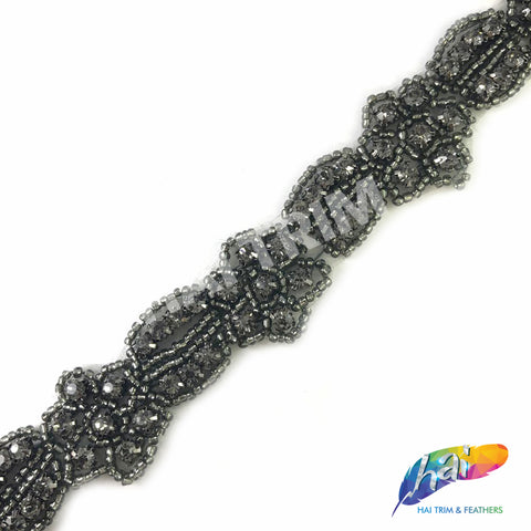 SALE! 1" Black Diamond Flower Beaded Rhinestone Trim by the piece (35 inches), BRT-052
