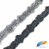 SALE! 1" Black Diamond Flower Beaded Rhinestone Trim by the piece (35 inches), BRT-052