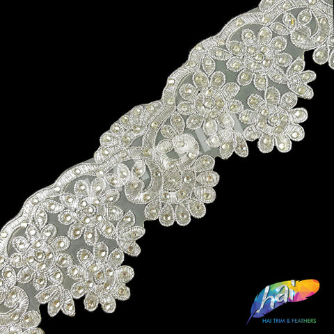 3" Silver Embroidered Metallic Flower Trim with Rhinestones, EMB-060