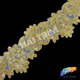 3" Embroidered Metallic Flower Trim with Rhinestones, EMB-061