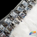 5-6” White Saddle Feather Trim with Clear Acrylic Stones and Gunmetal Beads