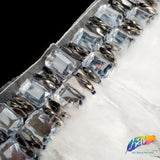 5-6” White Saddle Feather Trim with Clear Acrylic Stones and Gunmetal Beads