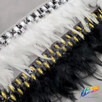 5-6” White Saddle Feather Trim with Clear Acrylic Stones and Gunmetal Beads