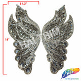 Black Diamond Wing Gel-Back Rhinestone Iron On Applique (sold by pair), IRA-003