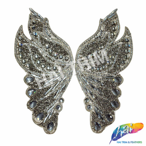 Black Diamond Wing Gel-Back Rhinestone Iron On Applique (sold by pair), IRA-003