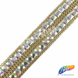 1 1/4" 2-row Gold AB Square Stud Iron On Trim with Chain Border, IRT-007-2