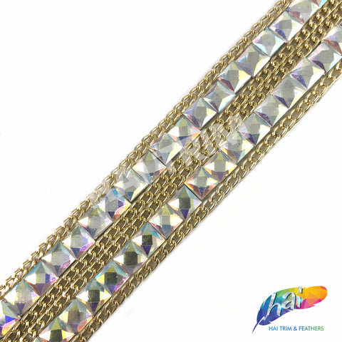 1 1/4" 2-row Gold AB Square Stud Iron On Trim with Chain Border, IRT-007-2