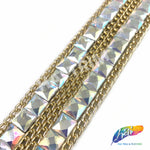 1 1/4" 2-row Gold AB Square Stud Iron On Trim with Chain Border, IRT-007-2