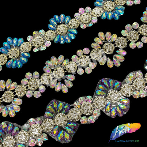 SALE! 1 3/4” Rhinestone Flower Plastic Iron on Trim, IRT-014