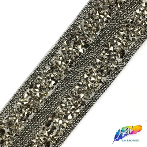 1 1/4" 2-row Gunmetal Rhinestone Iron On Trim w/ Ball Chain Border, IRT-006-1