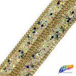 1 1/4" 2-row Gold/Multicolor Chaton Rhinestone Iron On Trim w/ Chain Border, IRT-006-2