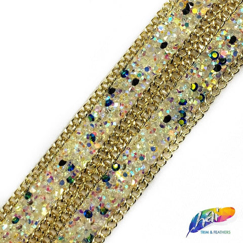 1 1/4" 2-row Gold/Multicolor Chaton Rhinestone Iron On Trim w/ Chain Border, IRT-006-2