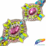 3 1/8" Fuchsia/Neon Green Medallion Resin Iridescent Iron on Trim, IRT-077