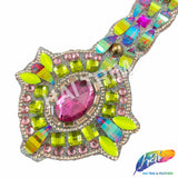 3 1/8" Fuchsia/Neon Green Medallion Resin Iridescent Iron on Trim, IRT-077