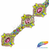 3 1/8" Fuchsia/Neon Green Medallion Resin Iridescent Iron on Trim, IRT-077