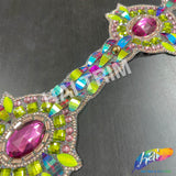 3 1/8" Fuchsia/Neon Green Medallion Resin Iridescent Iron on Trim, IRT-077