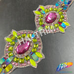 3 1/8" Fuchsia/Neon Green Medallion Resin Iridescent Iron on Trim, IRT-077
