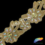 4 1/2" Gold AB Flower Beaded Sequins Iron on Trim, IRT-107 (Sold by Piece 35 inches)