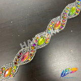 1" Braided Multicolor (Peacock) Colored Rhinestone Iron on Trim, IRT-121