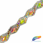 1" Braided Multicolor (Peacock) Colored Rhinestone Iron on Trim, IRT-121