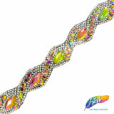 1" Braided Multicolor (Peacock) Colored Rhinestone Iron on Trim, IRT-121