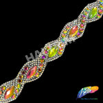 1" Braided Multicolor (Peacock) Colored Rhinestone Iron on Trim, IRT-121