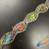 1" Braided Multicolor (Peacock) Colored Rhinestone Iron on Trim, IRT-121