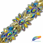 2 1/2” Multicolored Flower Rhinestone Iron on Trim, IRT-124