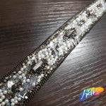 7/8" White/Gray Beaded Rhinestone Iron On Trim with Chain Border, IRT-152