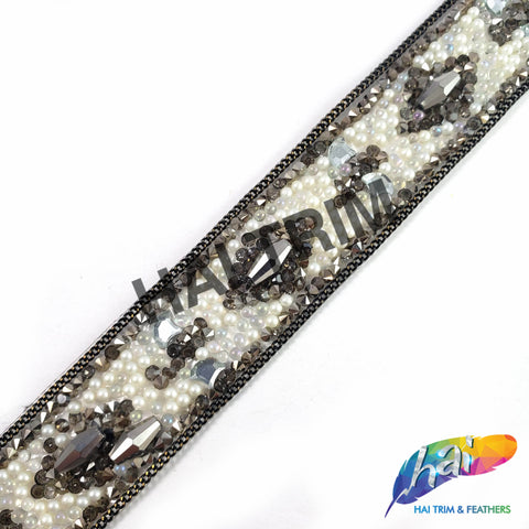 7/8" White/Gray Beaded Rhinestone Iron On Trim with Chain Border, IRT-152