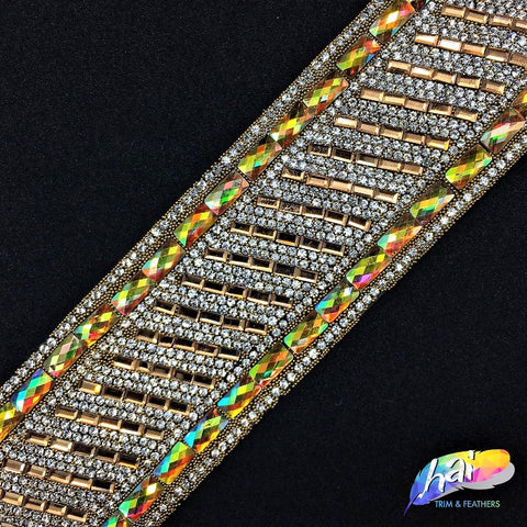 1 1/2" Yellow AB/Gold Diagonal Baguette Rhinestone Iron on Trim, IRT-020