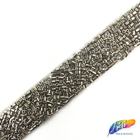 1/2” Gunmetal Bugle Beaded Iron on Trim, IRT-054