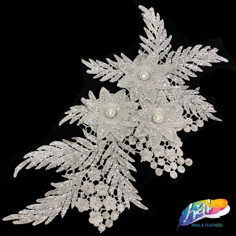 Diamond Shape Silver Beaded Applique with Clear Rhinestones and White –  Floratouch