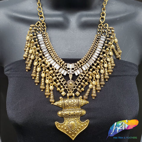 Gold Tribal Necklace with Rhinestones, NEK-076
