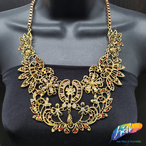 Gold Tribal Necklace with Rhinestones, NEK-078