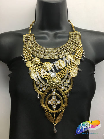 Gold Tribal Necklace with Rhinestones, NEK-008