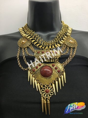 Gold Tribal Necklace with Rhinestones, NEK-027