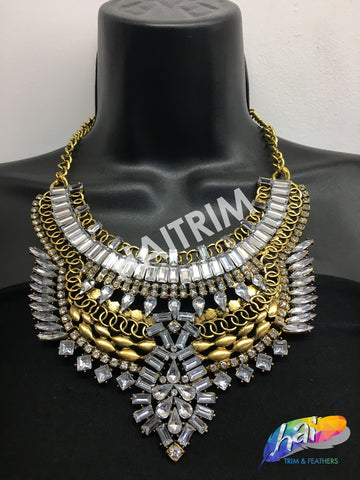 Gold Tribal Necklace with Rhinestones, NEK-029