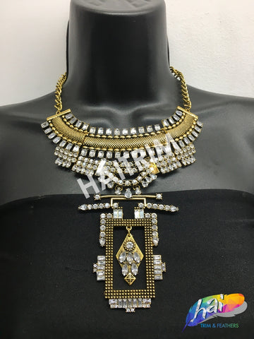Gold Tribal Necklace with Rhinestones, NEK-031