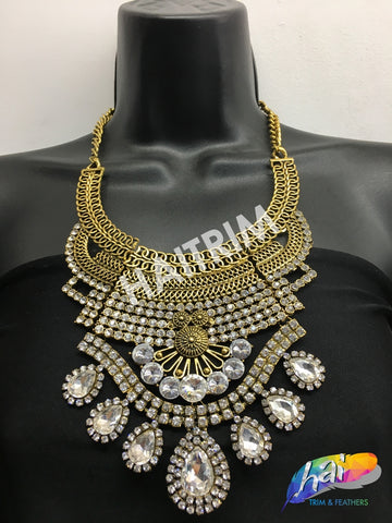 Gold Tribal Necklace with Rhinestones, NEK-033