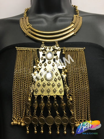 Gold Tribal Necklace with Rhinestones, NEK-036