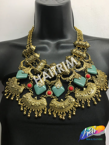 Gold/Jade/Red Tribal Necklace with Acrylic Gemstones, NEK-040