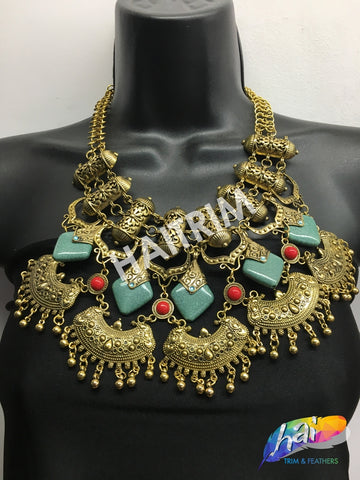 Gold/Jade/Red Tribal Necklace with Acrylic Gemstones, NEK-040
