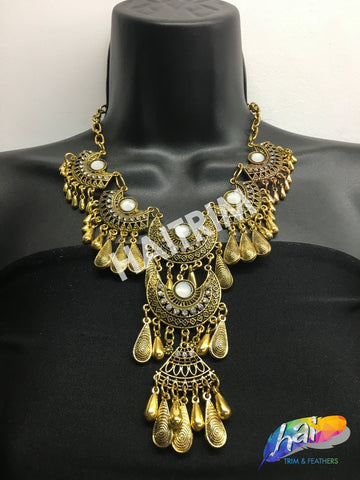Gold Tribal Necklace with Rhinestones, NEK-041