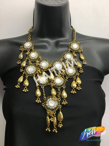 Gold Tribal Necklace with Rhinestones, NEK-042