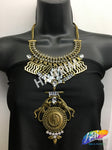 Gold Tribal Necklace with Rhinestones, NEK-045