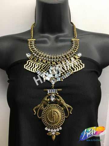 Gold Tribal Necklace with Rhinestones, NEK-045